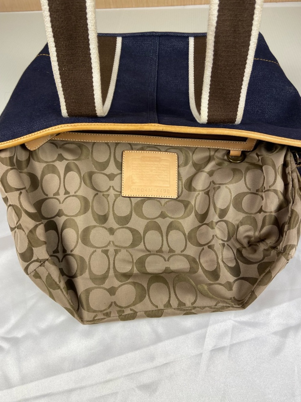 Coach Denim Tote Bag Pink Leather Trim Stripe Canvas Small Carryall Zip Top Y2K - Picture 9 of 15